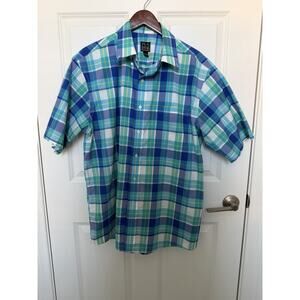 Jos A Bank Button UpShirt Men’s L Blue Plaid Cotton Collar Short Sleeve
